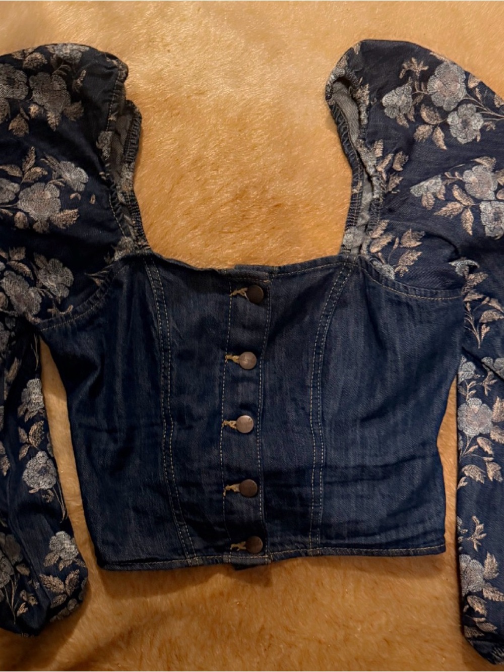 Dark Blue Denim Corset Crop Top with Floral Puff Sleeves